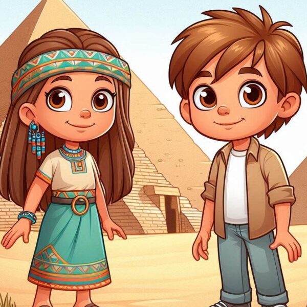 cartoon of a boy and girl in front of pyramids