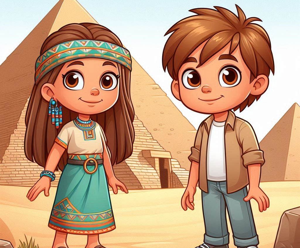 cartoon of a boy and girl in front of pyramids