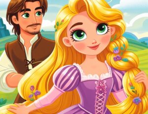 a cartoon of a woman and a man Rapunzel bedtime story