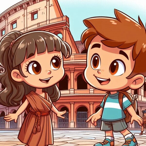 cartoon of a boy and girl in front of a building