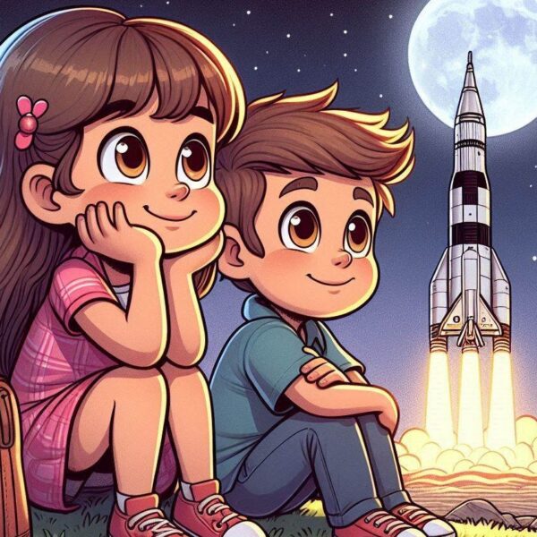 cartoon of a boy and girl sitting on the ground next to a rocket