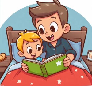 a cartoon of a boy and a boy reading a book in bed