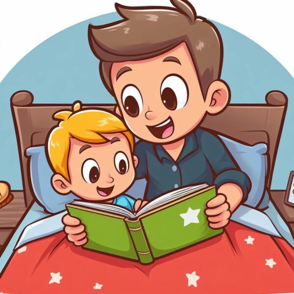 a cartoon of a boy and a boy reading a book in bed