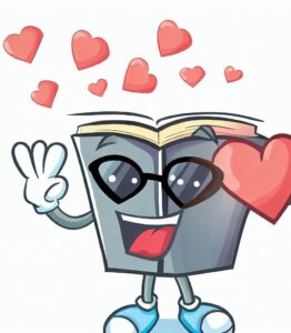 a cartoon of a book with glasses and a hand waving