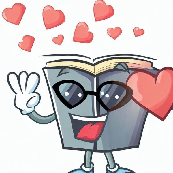 a cartoon of a book with glasses and a hand waving