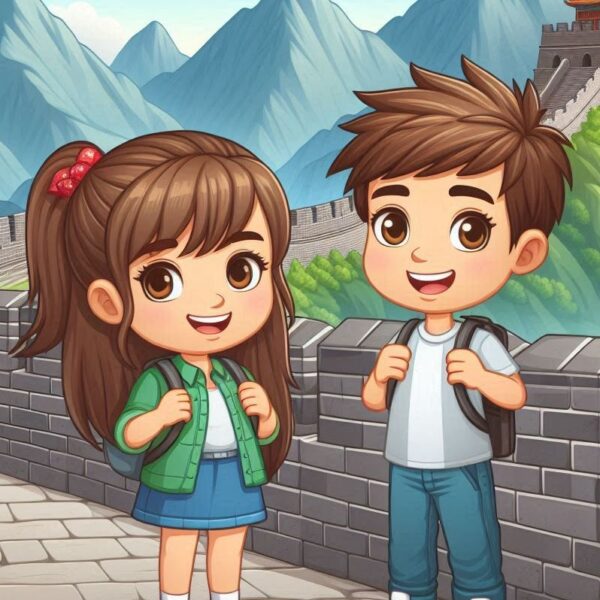 cartoon of a boy and girl standing in front of a great wall