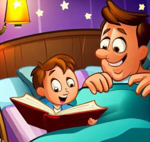 a cartoon of a man reading a book to a child