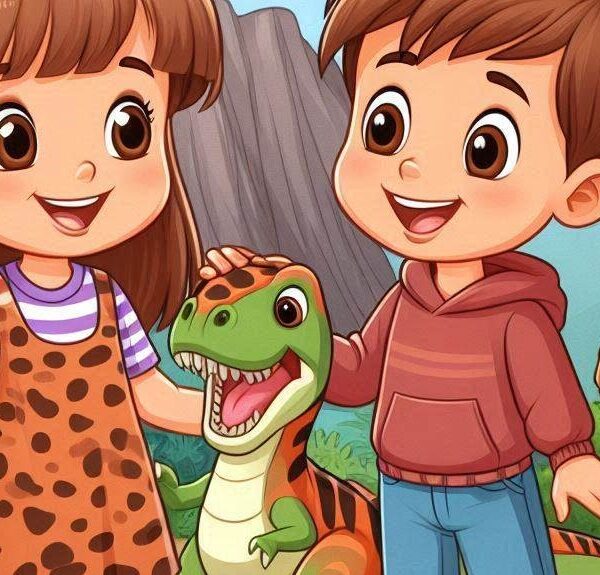 a cartoon of a boy and girl with a dinosaur