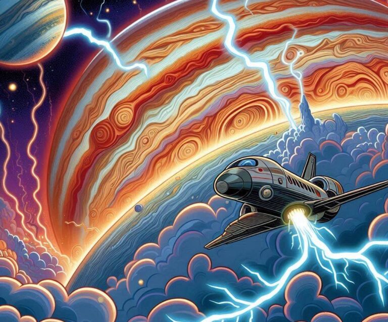 a cartoon of a space shuttle flying through clouds