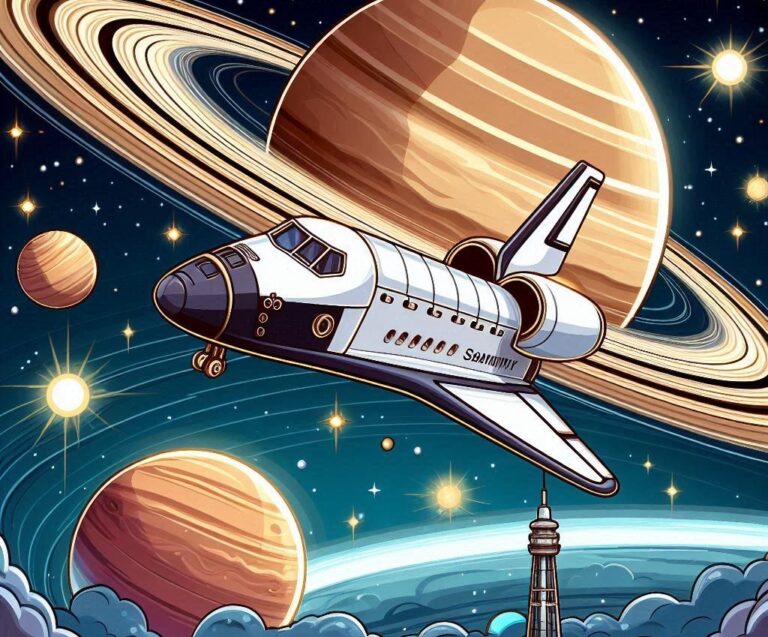 a space shuttle flying over planets