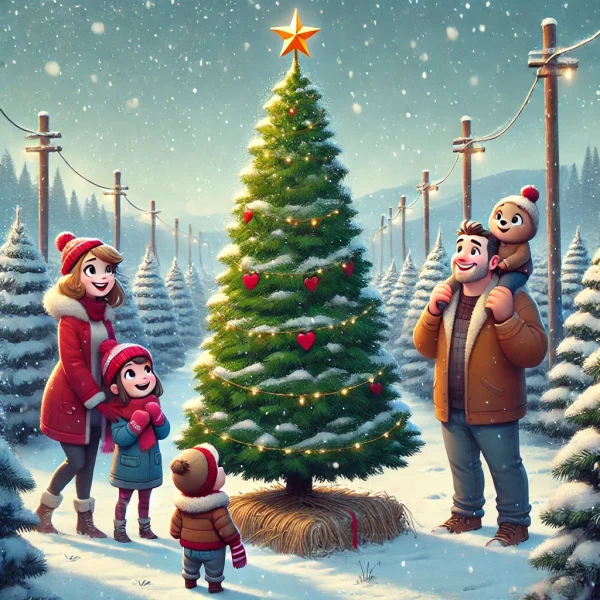 family is looking at Christmas tree