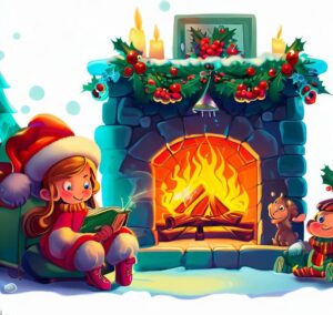 a cartoon of a girl reading a book by a fireplace