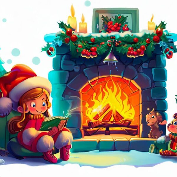 a cartoon of a girl reading a book by a fireplace