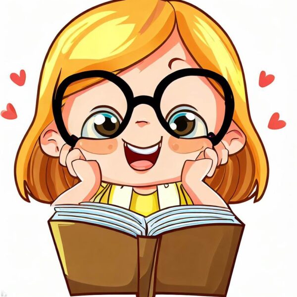 a cartoon of a girl reading a book