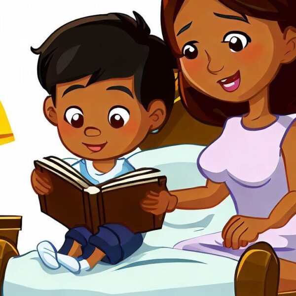 a cartoon of a woman and a child reading a book