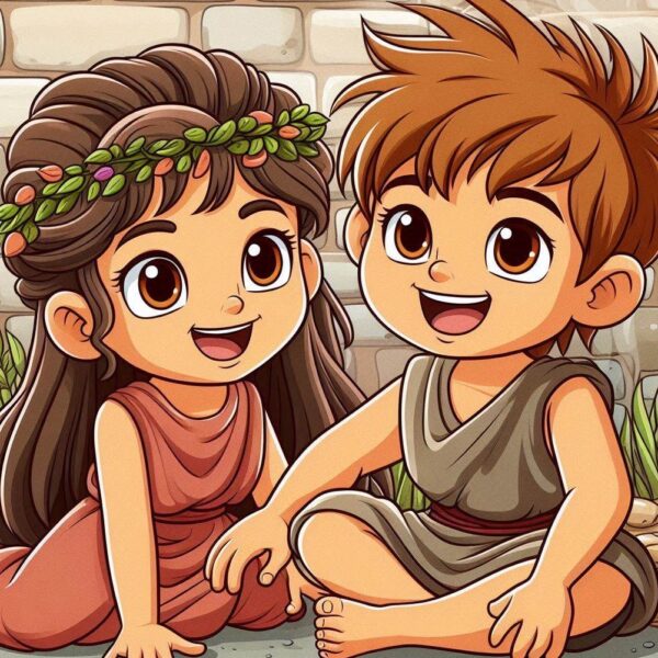 cartoon of a boy and girl sitting on a stone wall