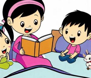 a cartoon of a woman reading a book to children