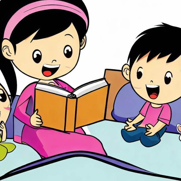 a cartoon of a woman reading a book to children