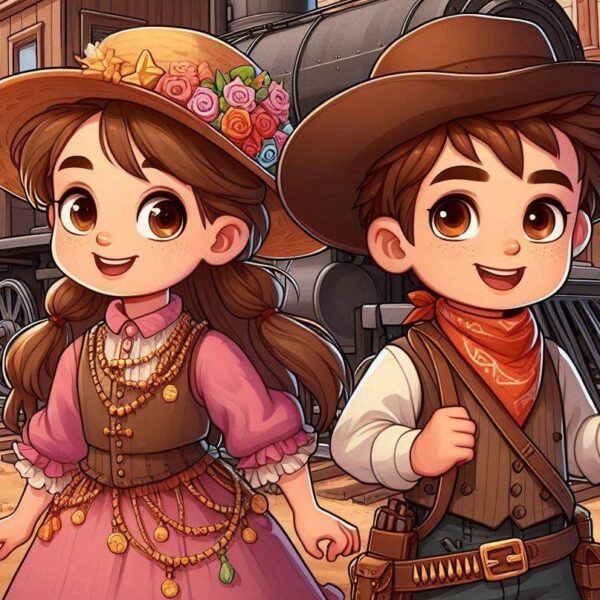 cartoon of a boy and girl in cowboy hats and dresses