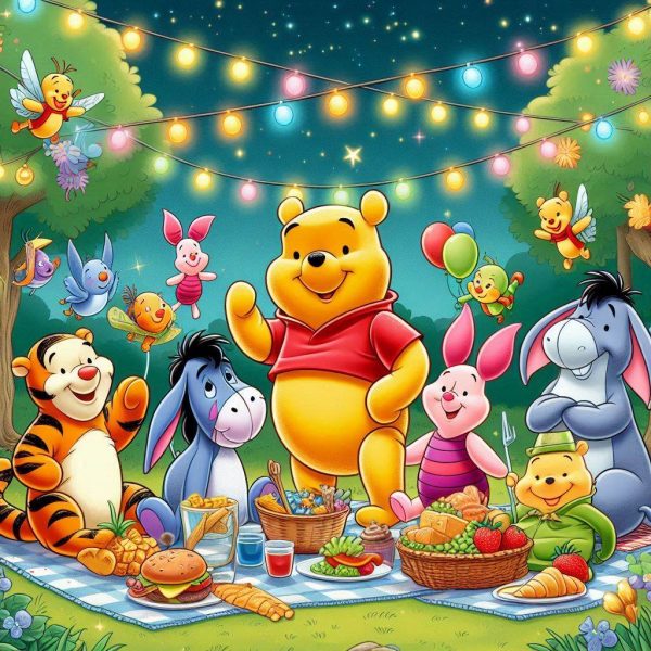 image of Winnie-the-Pooh, Tigger, Piglet, Eeyore, Roo, Kanga, Rabbit, and Owl gathered in the Hundred Acre Wood, celebrating with colorful decorations, a picnic feast, and a joyful parade under twinkling lights.