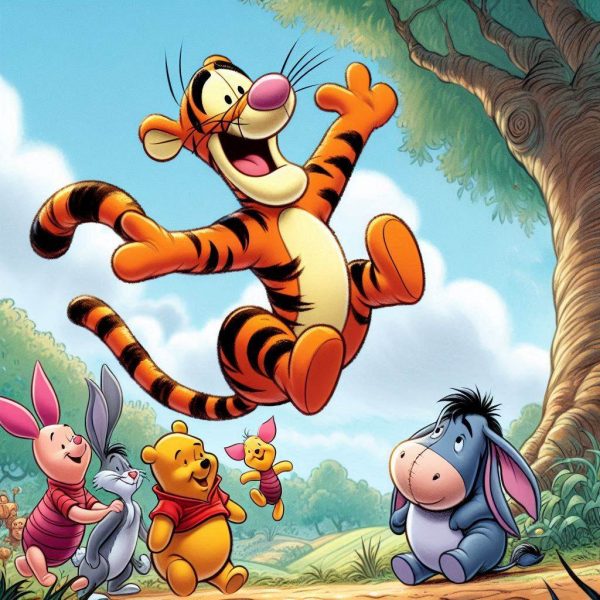 Tigger joyfully bouncing high into the air while his friends—Pooh, Piglet, Rabbit, Roo, and Eeyore—watch and cheer in the Hundred Acre Wood, with a big tree in the background where Tigger is about to get stuck.