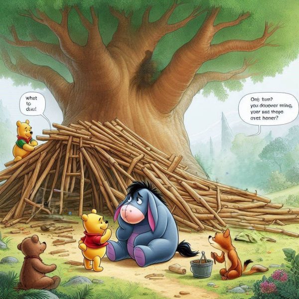 cartoon Eeyore sitting sadly next to his fallen stick house, while Pooh and friends gather around, brainstorming ways to help him rebuild, with a large, sturdy tree in the background.