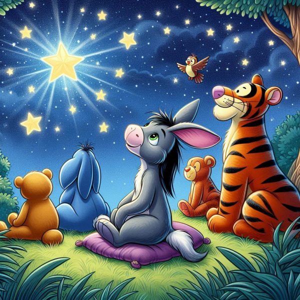 A cozy nighttime scene with Roo sitting on a grassy hill, gazing up at a sky full of twinkling stars, surrounded by Tigger, Eeyore, Rabbit, Owl, and Kanga.