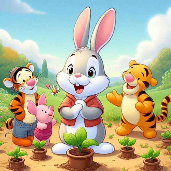 mage of Rabbit standing proudly in his garden, surrounded by Tigger, Pooh, and Piglet, each looking at their small growing plants with expressions of excitement and surprise.