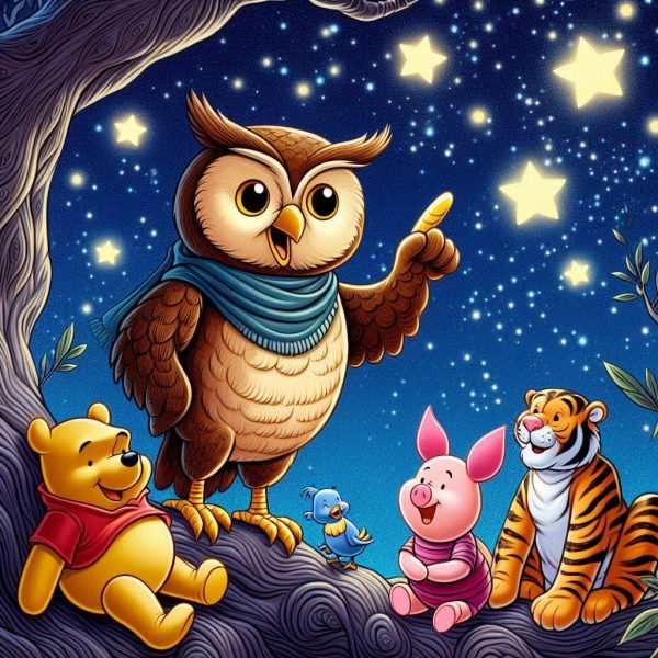 image of Owl standing on a tree branch, surrounded by Pooh and piglet and tiger, as he points to the twinkling night sky, sharing his final lesson about wisdom.