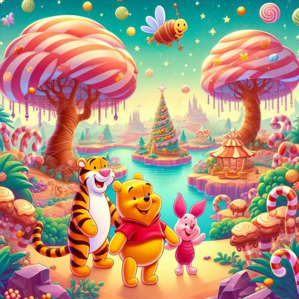 image of Winnie-the-Pooh and his friends standing in a magical world with candy cane trees, a chocolate river, and floating islands