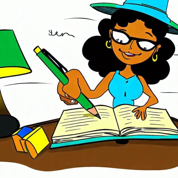 cartoon a woman writing on a book