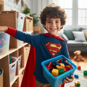 kid cleaning his room