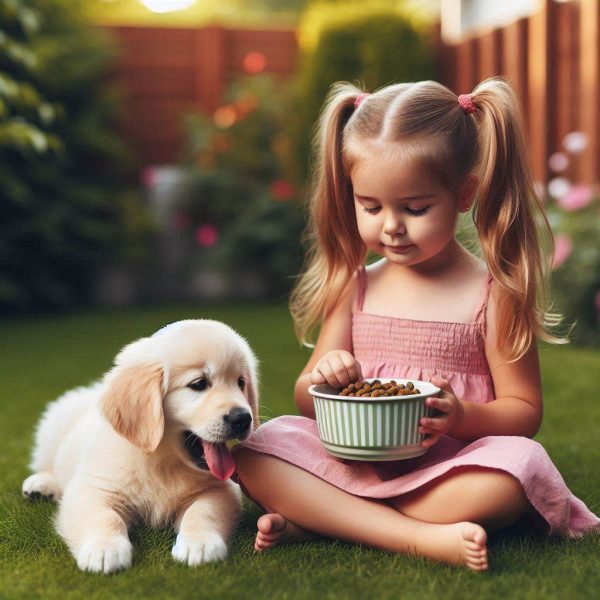 kid feeding dog