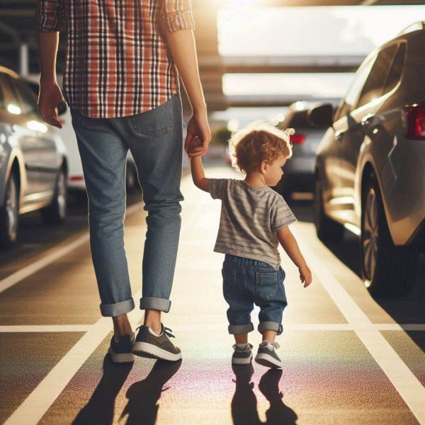 kid holding hand with mom in a parking lot